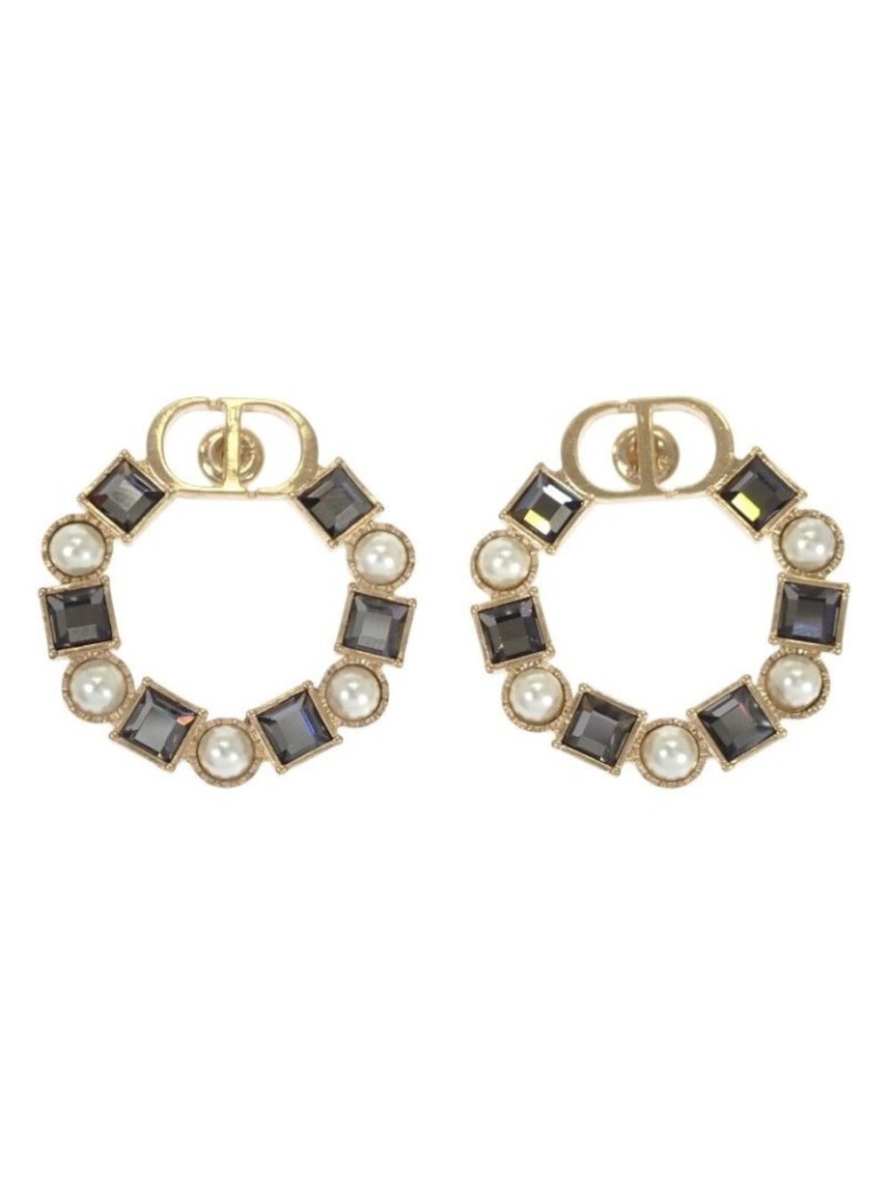 Dior Petit CD Earrings Metal Black Crystal Gold Circle